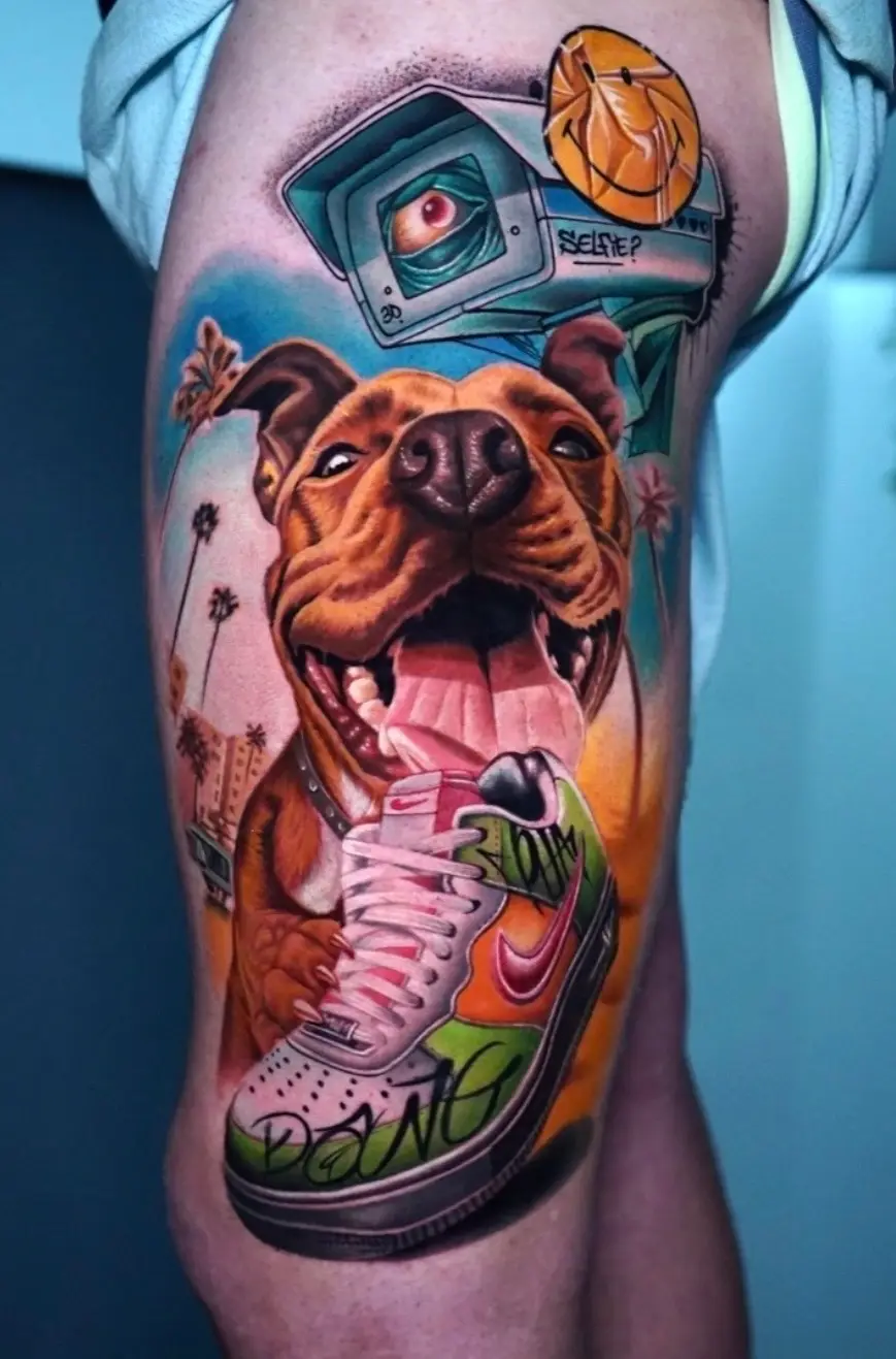 Realistic Tattoo, featuring a dog, Nike sneaker and camera with an eye, combining surrealism and detailed realism.