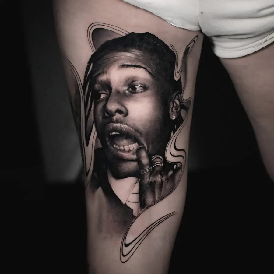 ASAP Rocky Tattoo Dado Vison tattoo realistic realistisch portrait dado visions, dado artist collective luzern bng tattoo schwarzweiss, hyperrealismus